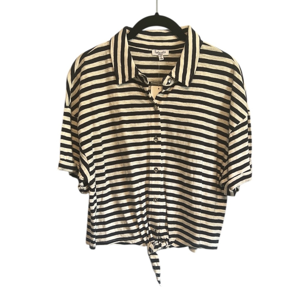 Splendid Cropped Striped Navy and White Button-Up Tie Front Shirt sz Medium NWT